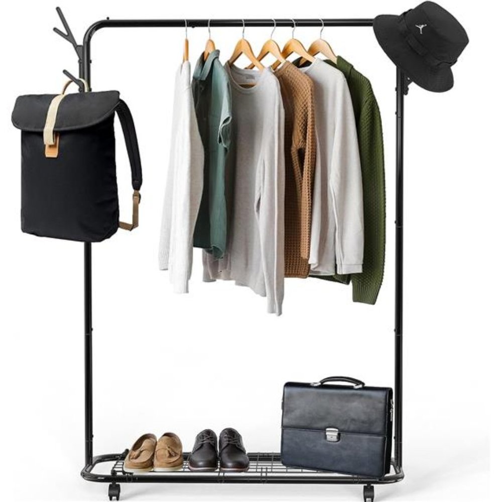 Simple Houseware Industrial Style Garment Rack With Wheels And Hooks, Black